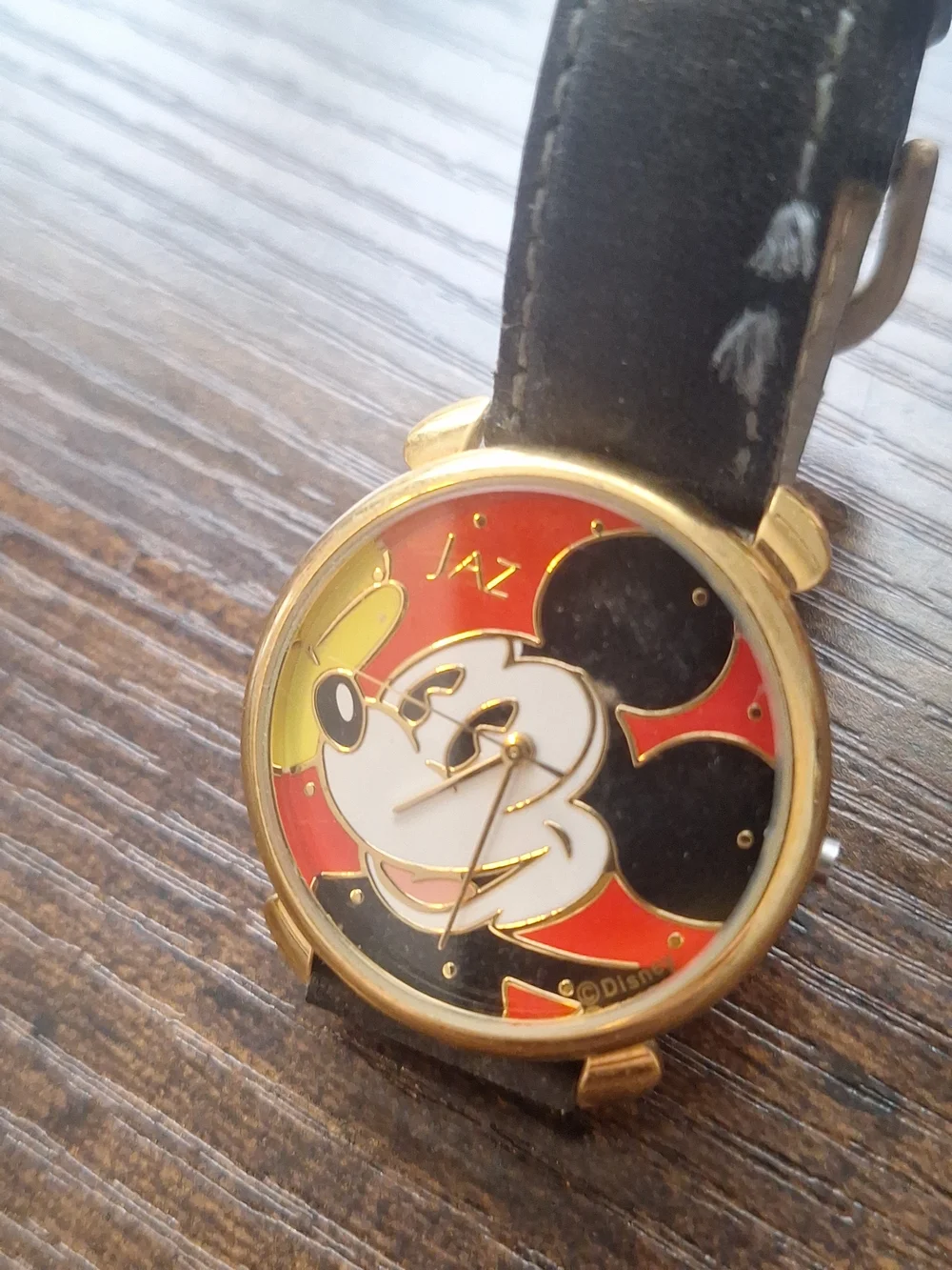 Vintage Jaz Mickey Mouse Gold-Tone Watch with Black Strap